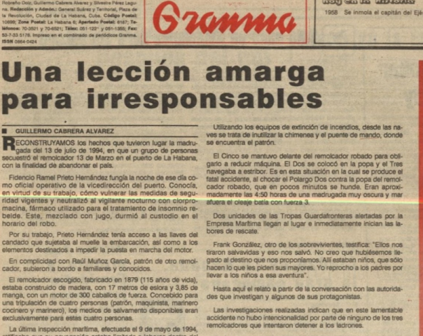 respuesta del gobierno ante el hundimiento del remolcador “13 de marzo” 1994